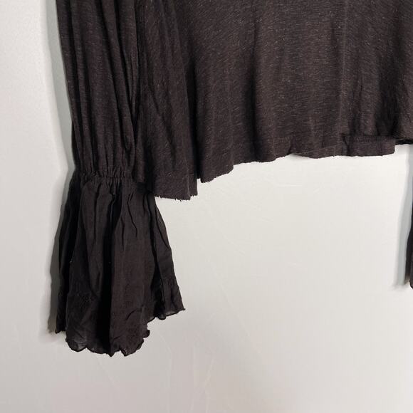 Free People XSmall Dark Gray Femme Fatale Bell Sleeve Top Embroidered Open Back - Picture 5 of 13